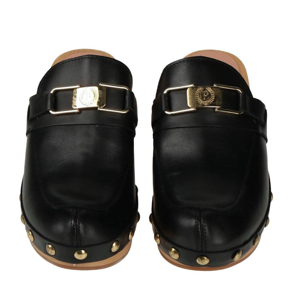 Black Leather Clogs with Gold Accents